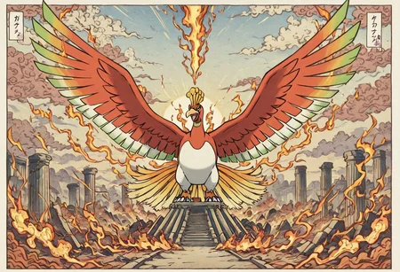 pokemon (creature), ho-oh, style, thick lines, outline, no humans, phoenix, rainbow wings, glowing feathers, fire, sunlight, solo, outdoors, ancient ruins, sky, majestic pose, clouds parting, divine aura
