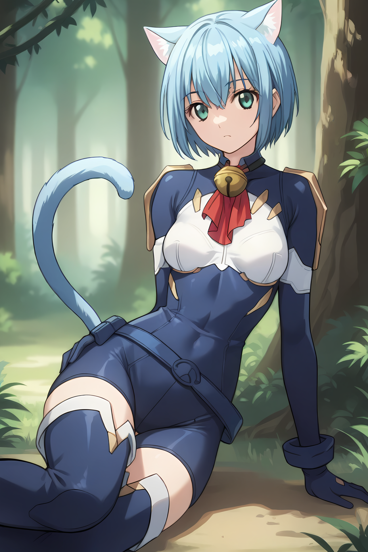 (blue bodysuit belt gloves thigh boots:1.50), cpc-melwin, blue hair, short hair, hair between eyes, aqua eyes, cat ears, cat tail, neck bell, collar, 
medium breasts, 1girl, solo, skinny, (source_anime, score_9, score_8_up, score_8, score_7_up), score_7, score_6_up, score_6, score_5_up, score_5, 
(horny:1.30),
(0.1:outdoors forest:1.30),
(on side:1.20), (:1.20),
<lora:cpc-melwin-V02-000003:0.80>