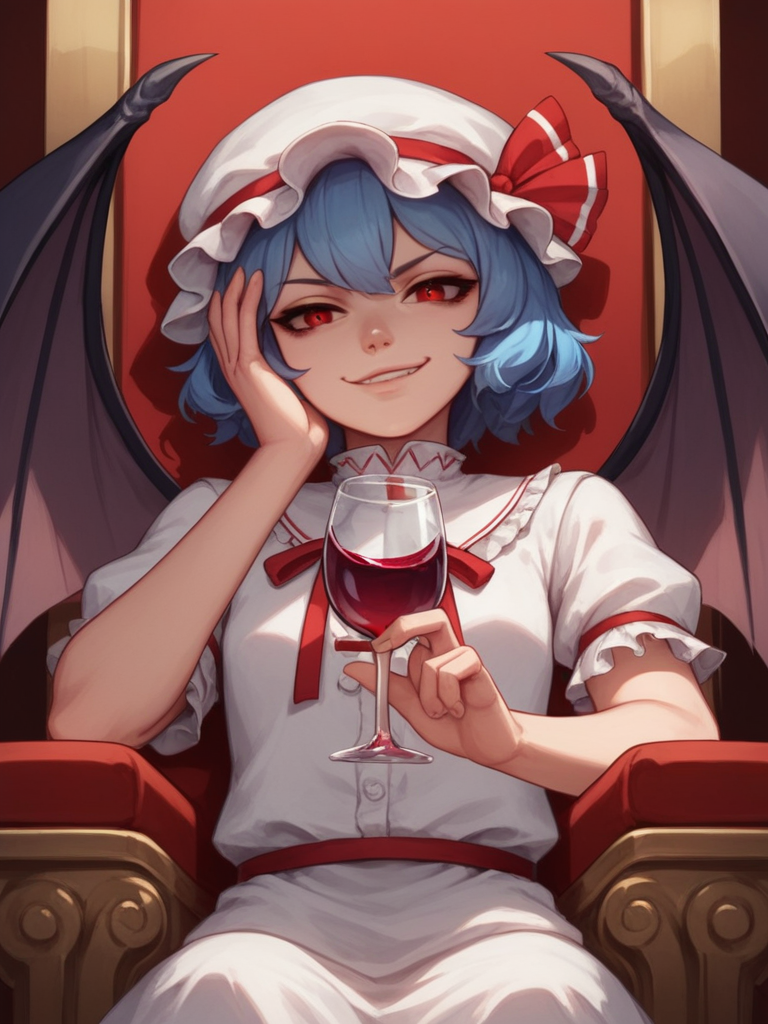score_9, score_8_up, score_7_up, rating_explicit,  1girl, solo,  <lora:Remilia_Scarlet_-_Touhou_Project_Pony:1> r3mil1a_sc4rlet, hat, red eyes, blue hair, wings, smile, short hair, bat wings, upper body, looking at viewer, ribbon, short sleeves, mob cap, wicked look, smirk, lips parted, sitting, on throne, holding glass of red wine, hand near face, view from below