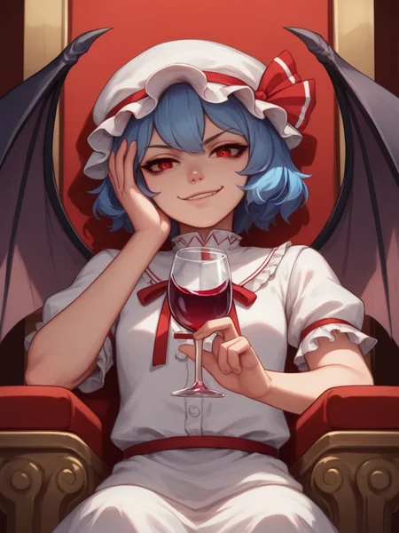 score_9, score_8_up, score_7_up, rating_explicit, 1girl, solo, <lora:Remilia_Scarlet_-_Touhou_Project_Pony:1> r3mil1a_sc4rlet, hat, red eyes, blue hair, wings, smile, short hair, bat wings, upper body, looking at viewer, ribbon, short sleeves, mob cap, wicked look, smirk, lips parted, sitting, on throne, holding glass of red wine, hand near face, view from below