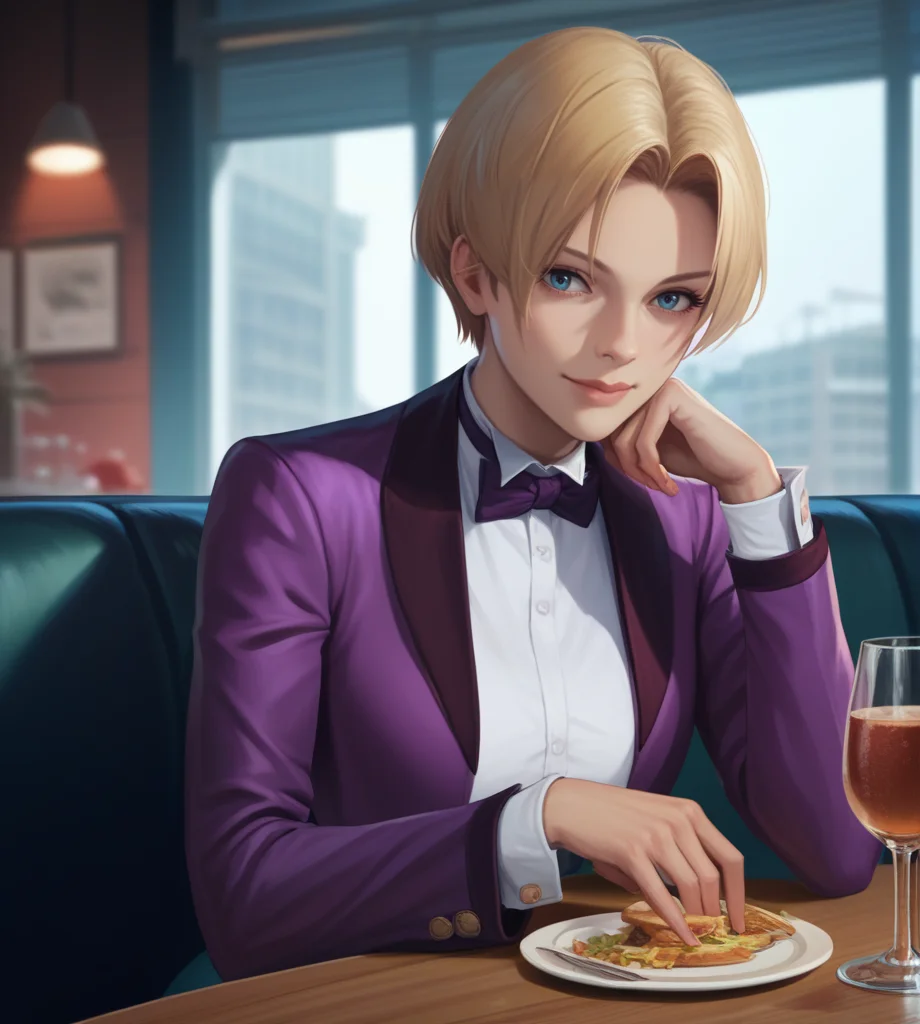 closeup, realistic, score_9, score_8_up, score_7_up, score_6_up, score_5_up, score_4_up, <lora:King2000_t3-000013-128:1.0> 1girl, KOFKing, short blonde hair, large breasts, bowtie, purple cropped jacket, smile
, midnight, indoors, restaurant,,,
