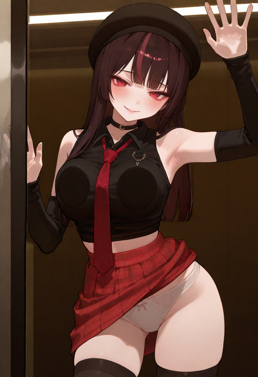 uncensored, large breasts, detailed body, detailed eyes, cowboy shot, narrow waist,
1girl, mature female, korean, korean idol, (mature eyes:1.2),
(pale skin:1.1), (blush:1.2), seductive smile, looking at viewer,
indoors, subway, breast press, breasts on glass, hand on glass, 
complexion, healthy glow, long waist, long legs, presenting armpit, 
skirt lift, white panties, from below, arched back, 
masterpiece, best quality, good quality, newest, very aesthetic, absurdres,
<lora:Himeruru:0.7> himeruru, long hair, pink streaked hair, brown hair, thighhighs, sleeveless, choker, detached sleeves, hat, (plaid skirt:1.2), black thighhighs, red skirt, black headwear, skirt, necktie, sleeveless shirt, black shirt,
