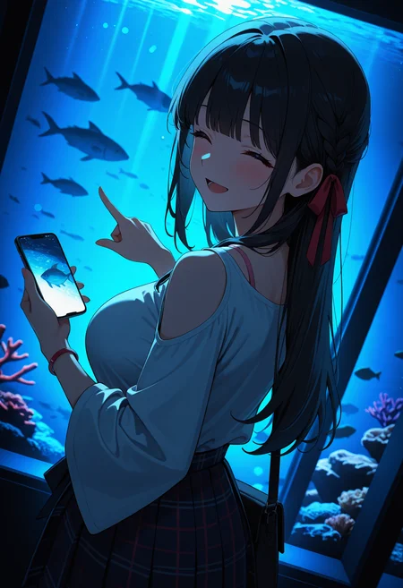 masterpiece,best quality,amazing quality,newest,absurdres,highres, newest,very awa,   anime,
(dutch angle:1.4),from behind,
1girl, beautiful face, perfect eyes, detailed eyes,mature female,
black hair,long hair, straight hair,blunt bangs,
looking at viewer,looking back, closed eyes,
happy, smile, open mouth,blush,
large breasts,collarbone,
white shirt,wide sleeves,  plaid pleated skirt, (shoulder bag),  shoulder cutout, red side hair ribbon, side braid,small pink wristlet,
holding smartphone,smartphone,fish in smartphone screen,  pointing forward,holding, pink bra strap,
aquarium, fish,coral,
blurry foreground,(blurry background), depth of field,dark background,  blue background,backlighting, dark room,bokeh,  (light rays:1.2), blue theme, photo background, foreshortening,off focus,(vignetting:1.2),
<lora:lightingSlider:-1>, dark,