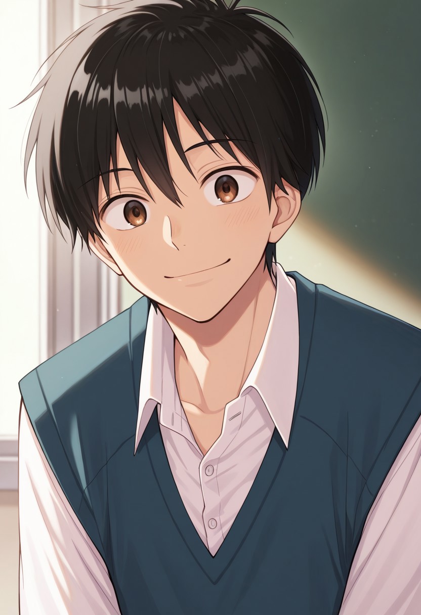 masterpiece,best quality,amazing quality, source_anime, 
kazahaya, 1boy, male focus, solo, brown eyes, black hair, school uniform, shirt, white shirt, collared shirt, vest, sweater vest, blue vest,
smile,