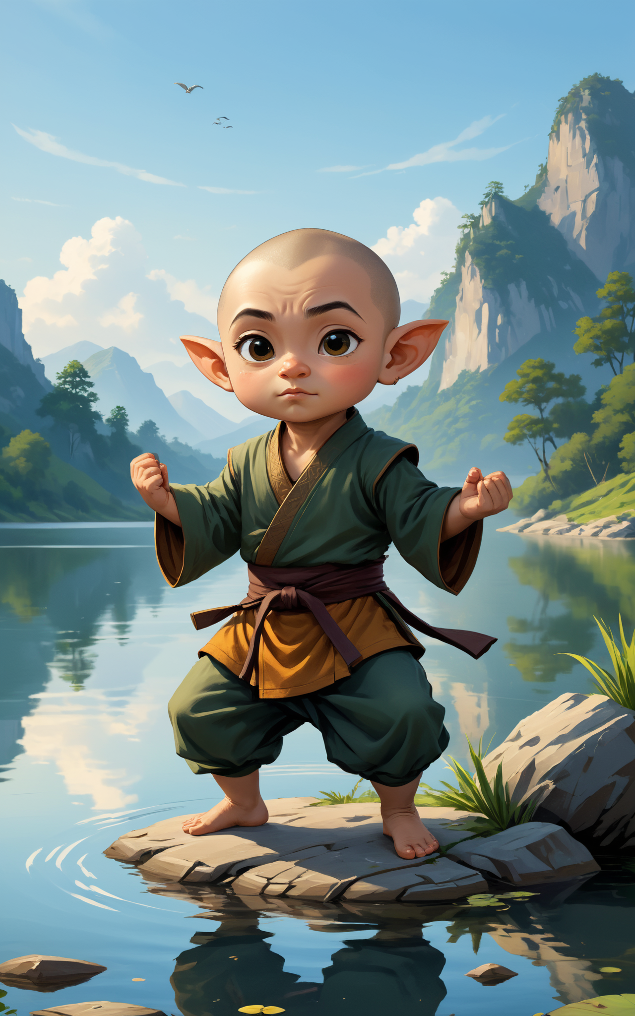 A playful vector art illustration by Zara Finch of a halfling monk practicing martial arts on a serene lakeside, with their head slightly larger than usual, but not quite chibi-sized. The halfling is captured in a dynamic, fluid martial arts pose, demonstrating balance and grace. Their expression is one of inner peace and focus, contrasting with the playful style and highlighting the monk's discipline. This is accentuated by the larger head size. The background is a tranquil lakeside scene, with gentle ripples on the water and a peaceful horizon, using a calm and soothing color palette to enhance the serene setting.