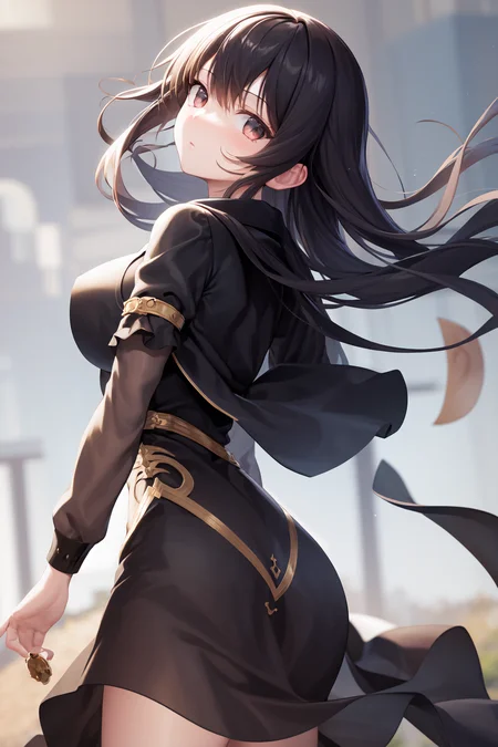 masterpiece, best quality, highres, 1girl, expressionless, wind blowing, standing, from behind, looking at viewer, shaft head tilt <lora:shaft_head_tilt2:1.4>