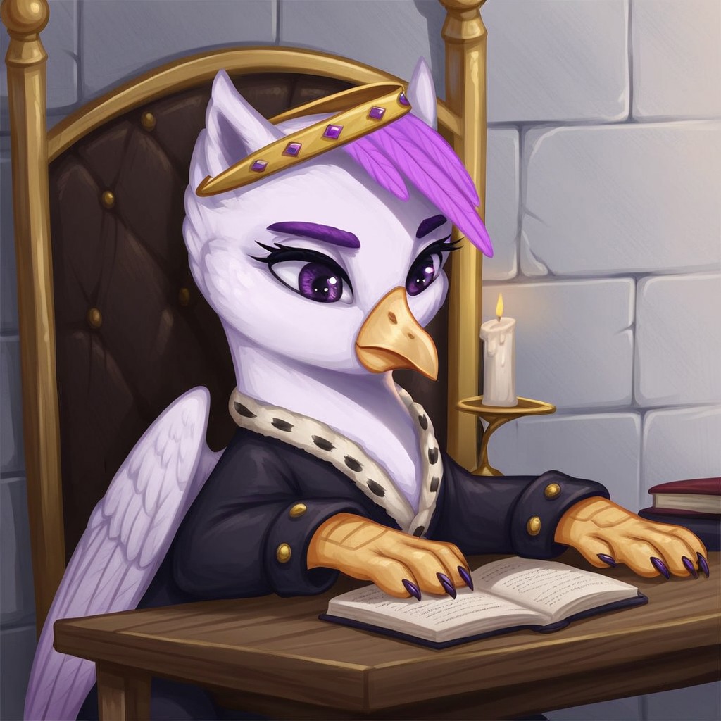 masterpiece, score_9_up, score_8_up, score_7_up, score_6_up, (best quality:1.1), ultra-detailed, high resolution, solo, Taillow Sumpfkiel, countess, griffon oc, avian, feral, female, (((beautiful detailed purple eyes))), long eyelashes, purple eyebrows, yelow beak, wings, white feathers, feathery ears, pink feather hair, royal clothes, modest gold crown, black indoors, medieval, home, wooden table, rich decor, sitting, leaning on table, bookshelf, throne, books, candle on table, inkwell, three quarter view, looking down, detailed facial features, expressiveh, highly visible, sharp focus, anatomically correct, detailed background