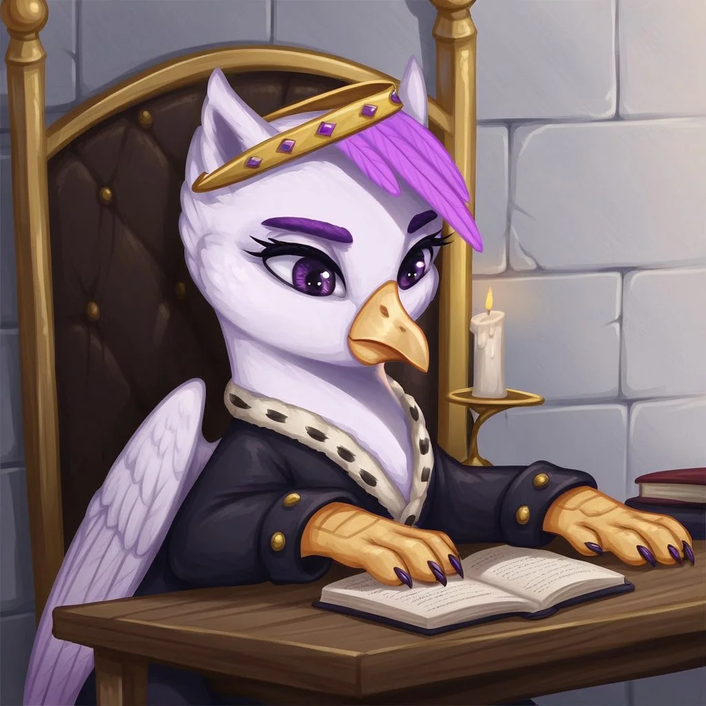 masterpiece, score_9_up, score_8_up, score_7_up, score_6_up, (best quality:1.1), ultra-detailed, high resolution, solo, Taillow Sumpfkiel, countess, griffon oc, avian, feral, female, (((beautiful detailed purple eyes))), long eyelashes, purple eyebrows, yelow beak, wings, white feathers, feathery ears, pink feather hair, royal clothes, modest gold crown, black indoors, medieval, home, wooden table, rich decor, sitting, leaning on table, bookshelf, throne, books, candle on table, inkwell, three quarter view, looking down, detailed facial features, expressiveh, highly visible, sharp focus, anatomically correct, detailed background