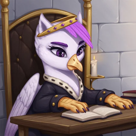 masterpiece, score_9_up, score_8_up, score_7_up, score_6_up, (best quality:1.1), ultra-detailed, high resolution, solo, Taillow Sumpfkiel, countess, griffon oc, avian, feral, female, (((beautiful detailed purple eyes))), long eyelashes, purple eyebrows, yelow beak, wings, white feathers, feathery ears, pink feather hair, royal clothes, modest gold crown, black indoors, medieval, home, wooden table, rich decor, sitting, leaning on table, bookshelf, throne, books, candle on table, inkwell, three quarter view, looking down, detailed facial features, expressiveh, highly visible, sharp focus, anatomically correct, detailed background
