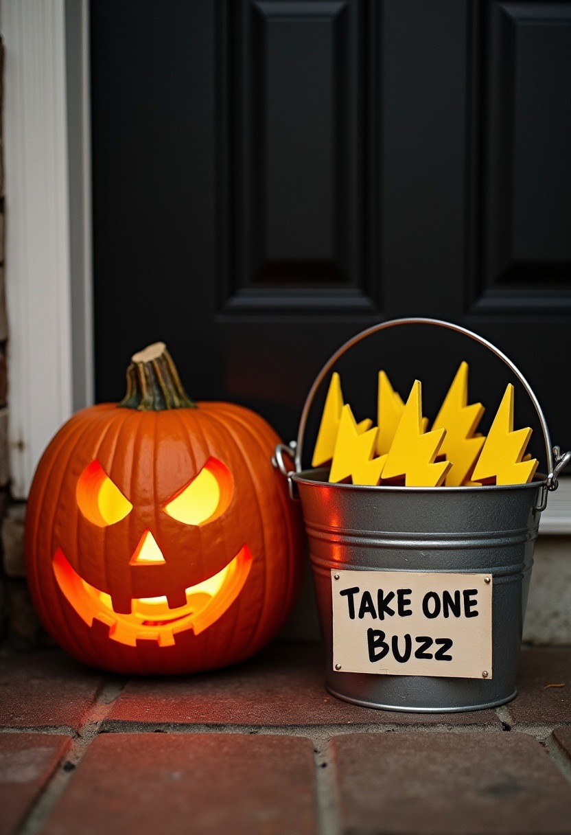 A spooky pumpkin with a carved face, next to a bucket, bucket has a few with (yellow foam lightning bolt buzz icons) in it, placed at the door outside a house, a sign next to it says "Take ONE Buzz" text legibly written