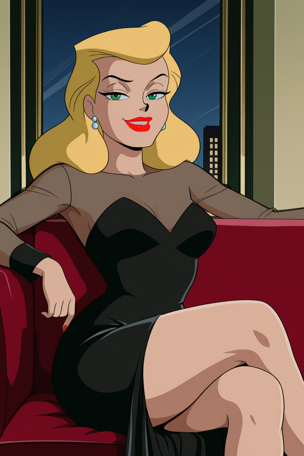 ((retro arstyle, parody), perfect anatomy, perfect eyes) BREAK <lora:CatwomanIL:1> selina kyle, green eyes, blonde hair, long hair, lipstick, red lips, naughty eyes, smug, ((looking at viewer)), jewelry, earrings, formal, strapless dress, black dress, see-through, long sleeves, teasing viewer, seducing viewer, showing off hips, legs crossed, relaxing on couch, luxurious apartment, indoors