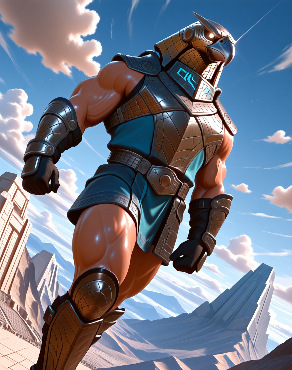 <lora:Jaffa_(Stargate)_(Illustrious)_(AD):1.35> Jaffa, muscular, Stargate,
((
dutch angle, exterior, vivid blue sky with fluffy detailed clouds, dynamic pose, dynamic action, bent leg, cowboy shot, camera at eye height, fantasy, science fiction, 
eagle jaffa, Sumerian mythology, solo, male focus, mighty, powerful, villain, no pants, no shorts, chest armor, glowing eyes, ziggurats, 
)), 
BREAK: very awe, aesthetically pleasing, masterpiece, best quality, amazing quality, vivid colors, 
BREAK: lazympos, lazypos (2),