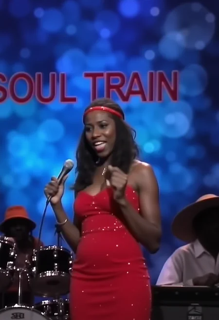 @ssbndst1983 the image is a cinematic analogy high-resolution upscaled photograph of a live performance featuring a tall beautiful dark-skinned female singer standing in the foreground. She is wearing an elegant strapless glimmering, shiny red dress and matching headband with her long, dark hair cascading down her back. Her expression is on of delight, skin tone is a deep brown and she is holding a microphone in her right hand which she is singing into.
The background is filled with a hazy, vivid ethereal blue light, from stage lighting, which creates a mystical shimmering ambiance. to the left, there is a drum set with a drummer partially visible through the haze, wearing a bright orange hat.
In the background, a keyboardist is also present, dressed in a white shirt with a wide brimmed black hat, contributing to the music.
Bright spotlights focused on the singer in the centre.
The background is illuminated with large Red capital letters spelling "Soul" and "Train" the letters are backlit, casting a warm, reddish glow.
The image features, sharp edges, cinematic, cinematography, Kodak Portra 400 analog film stocks style, faded film, desaturated, 35mm photo, grainy, vignette, vintage, Kodachrome, Lomography, stained, highly detailed, found footage
The overall atmosphere is vibrant and energetic, with the singer's passionate expression and the music instruments creating a lively and engaging scene. the photograph captures the essence of a live musical performance, highlighting the dynamic interaction between the performer and the audience.
Scene from the band SOS Band performing "Just Be Good To Me" in 1983 on the show 'Soul Train'
<lora:Hollywood Cinematic Film style v1:0.9><lora:Kodak Portra 400 v2:0.6><lora:TheSOSBand1983.@ssbndst1983.style.flux1d_epoch_9:0.6>