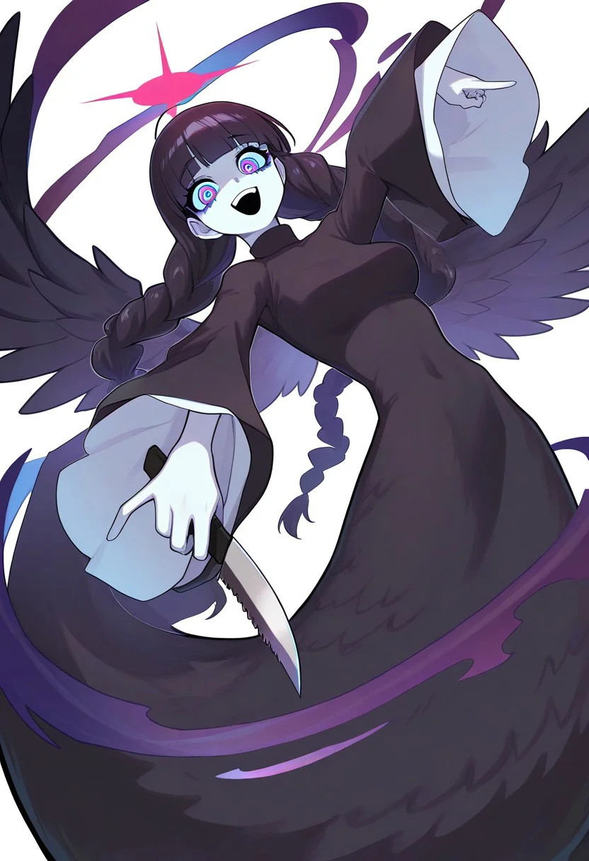 masterpiece, best quality, very aesthetic, high resolution, ultra-detailed, absurdres, newest, extremely detailed eyes, PMN_STL, 1girl, braid, twin braids, holding knife, smile, halo, white background, black hair, simple background, long hair, open mouth, colored skin, looking at viewer, black dress, blunt bangs, long sleeves, full body, :d, wide sleeves, bow, ringed eyes, monster girl, feathered wings, blue eyes, twintails
