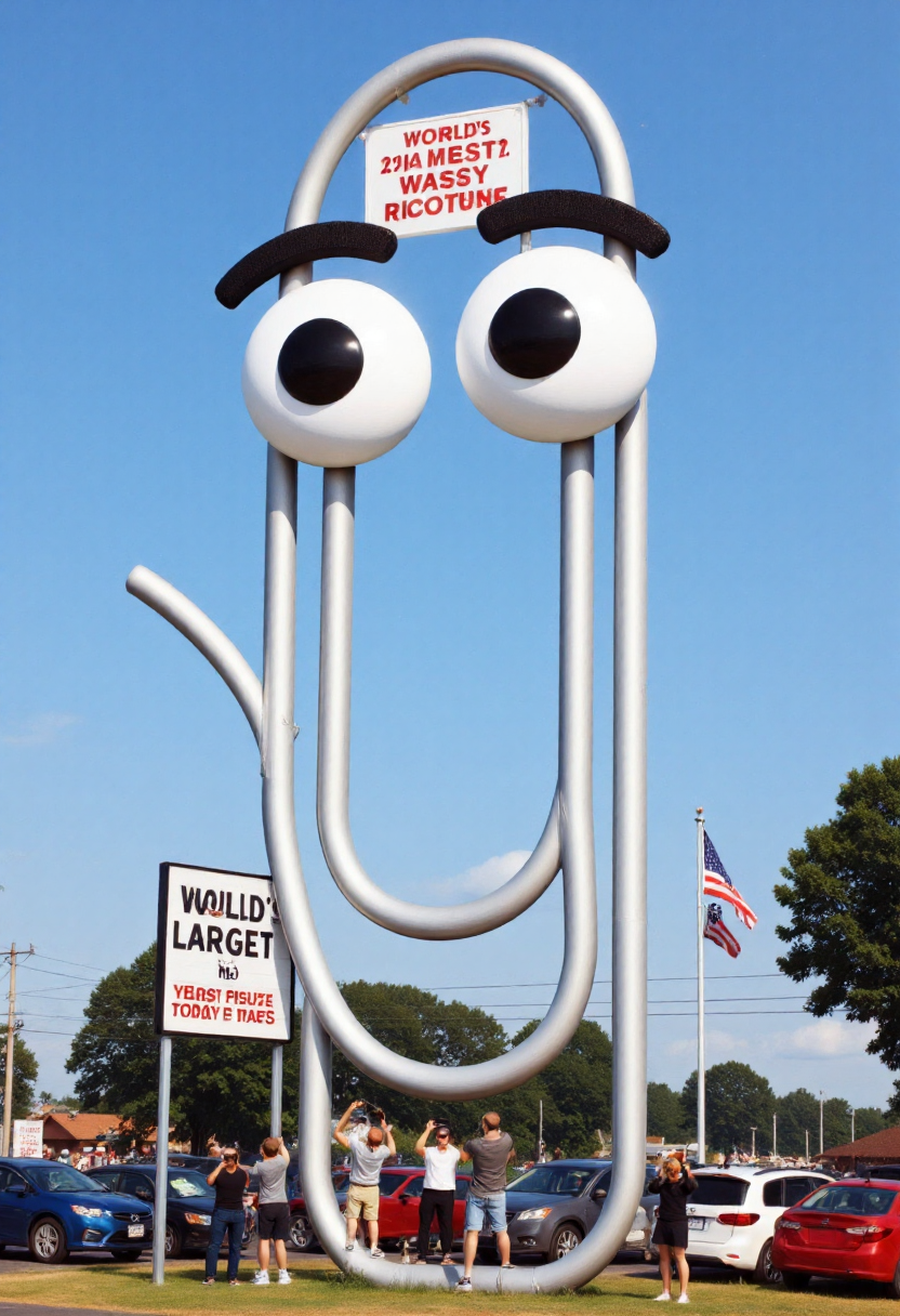 <lora:Roadside_Attraction_Assembler_FLUX_r1-000007:0.9>   <lora:Clippy20_-_Microsoft_Office_F1D:1>
Photo depicting a surreal scene at a "world's largest Clippy with big eyes" roadside attraction, along with people taking photos of it and cars parked near it.