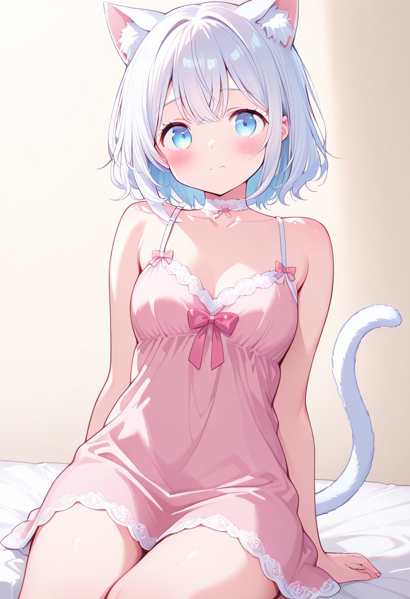 short white hair with a pink bow, cat ears and fluffy cat tail, big blue eyes with rosy cheeks, pink lace-trimmed spaghetti-strap nightgown, white lace choker with a pink bow, soft lighting, simple light-colored background,