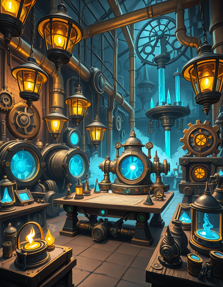A highly detailed and immersive gnome workshop inspired by World of Warcraft, filled with intricate mechanical devices, glowing gadgets, and arcane-infused machinery. The workshop is cluttered with blueprints, gears, and steam-powered contraptions, creating a vibrant steampunk-fantasy aesthetic. The lighting comes from flickering arcane lamps, neon-colored tubes, and softly glowing mana crystals, casting a warm yet mysterious ambiance. In the background, large brass pipes, rotating cogs, and suspended platforms form a complex, multi-layered workspace. A large workbench at the center is covered with half-finished inventions, from tiny clockwork creatures to experimental energy weapons. The walls are adorned with schematics, tool racks, and magical energy conduits. The atmosphere feels lively, as if gnome engineers have just stepped away from their latest tinkering project, leaving sparks flying and steam hissing from unfinished experiments. The color palette is a mix of vibrant blues, greens, and metallic hues, enhancing the high-tech yet whimsical charm of gnomish engineering.<lora:SDXLFaeTastic2400:0.4> <lora:extremely_detailed:0.4> extremely detailed,gnome w0rksh0p <lora:gnome_w0rksh0p-i:1>, Masterpiece,best quality,hi res,8k,hi res,8k,award winning,(sharp focus, intricate, highly detailed),