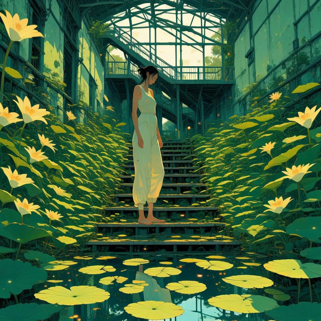 Ethereal Brushstroke, indoors, pants, navel, closed eyes, shorts, stairs, lily pad, dress, nature