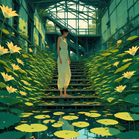 Ethereal Brushstroke, indoors, pants, navel, closed eyes, shorts, stairs, lily pad, dress, nature