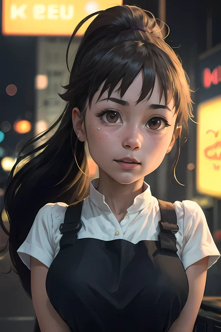 1girl, taneshima_popura, (high detailed skin:1.2), 8k uhd, dslr, soft lighting, high quality, solo, huge breasts, ponytail, apron, dark background, neon background, lewd face, neon buildings, night, night lights, night city, glowing lights, buildings, windows, stars, close-up, <lora:taneshimaPopuraWagnaria_popuraV1:0.6>,