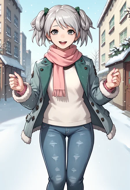 score_9, score_7_up, 1girl, standing, looking at viewer, happy, open mouth, <lora:CielGE-pdxl:1> defCiel, grey hair, short twintails, green hair ribbon, grey eyes, scarf, winter coat, pink nails, jeans, snow, city