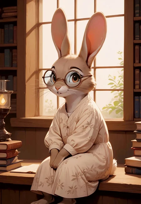 score_9, score_8_up, score_7_up, score_6_up, score_5_up, score_4_up, m0use_maximilla, in the style of Beatrix Potter, (((rabbit))), cute, (feral:0.5), light beige fur, light brown eyes, glasses, (linen dress), long ears, indoors, library, reading, desk, sitting, books, side view, turn to ((look at viewer)), window, village