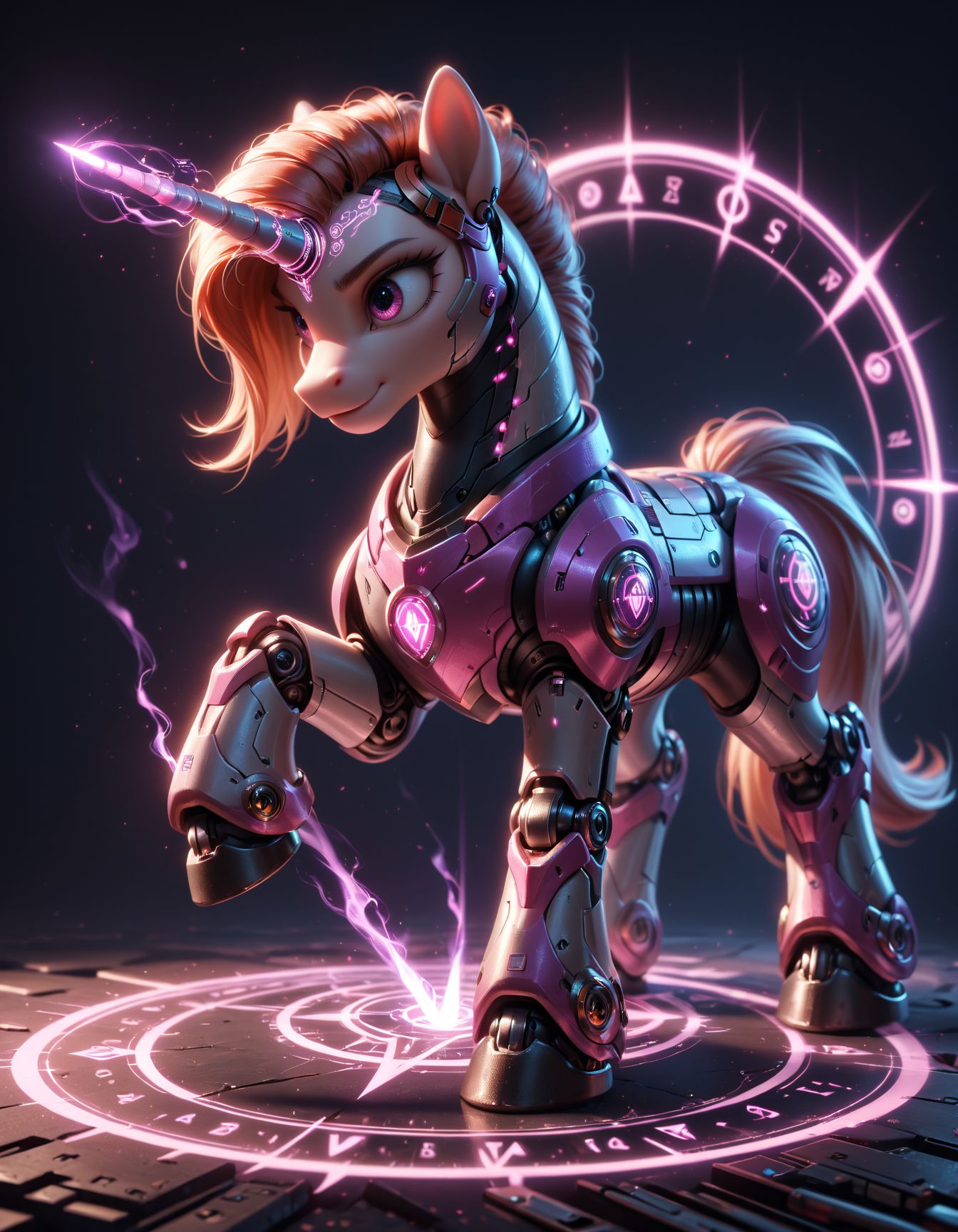 PonyScores7, Pony, Mare, science fiction, Robot, metal facial features, dark background, magic, volumetric lighting, realistic,
<lora:Flash_Glowing_Runes_XL:1.1> Glowing Runes, Glowing Rune Circle, Glowing Rune Armor,
<lora:DetailSlider_pony_v1.4:1>
<lora:3Danimation_Disney_1.0:0.5>, masterpiece, best quality, highly detailed