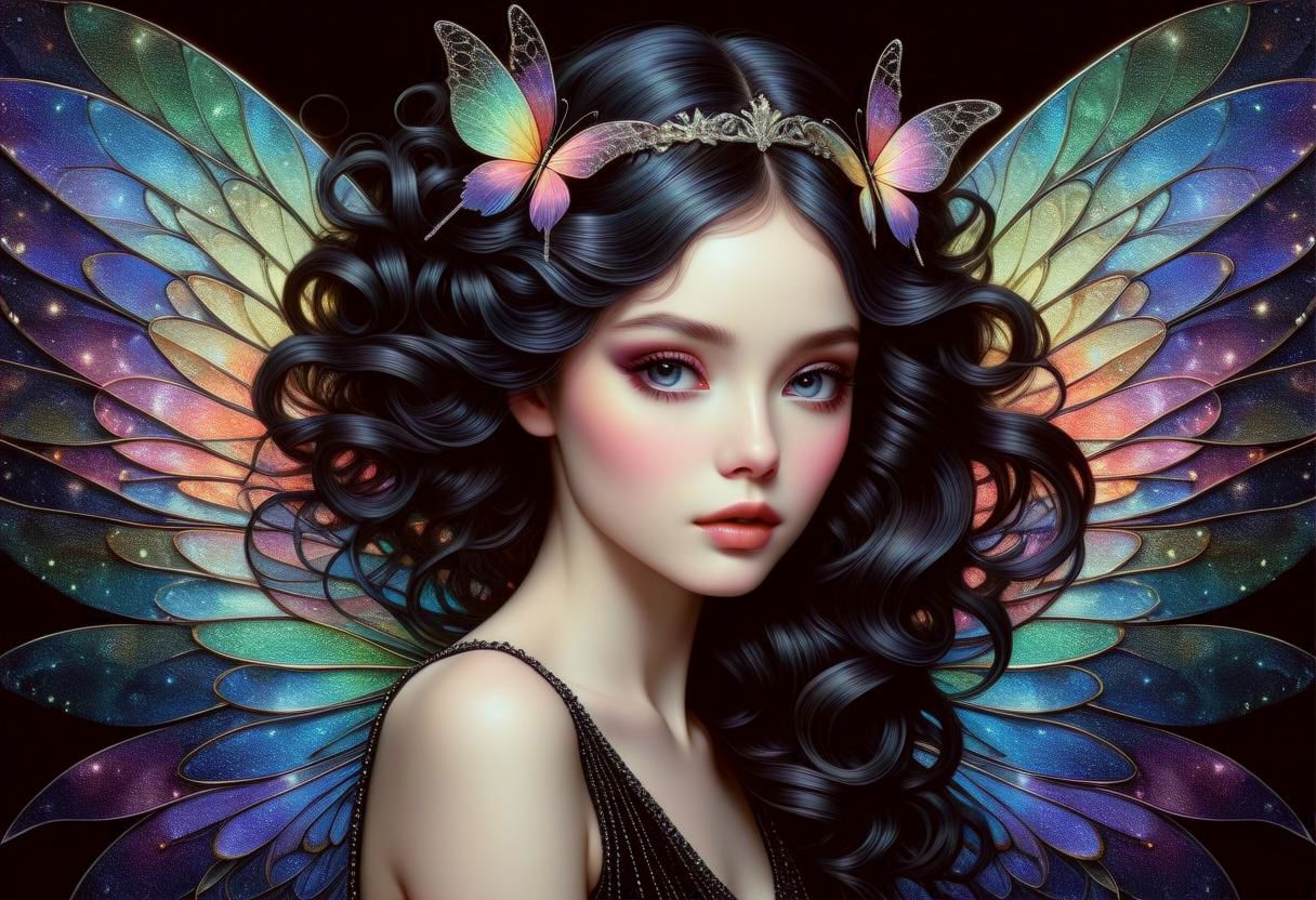 hyper detailed beautiful sugar fairy, coherent delicate face, wavy luxurious hair, intricate iridescent wings, on black velvet canvas, centered composition, rule of thirds, drop shadowed, art by gorjuss, tim burton, margaret keane, charlie bowater, tom wood, keith garvey