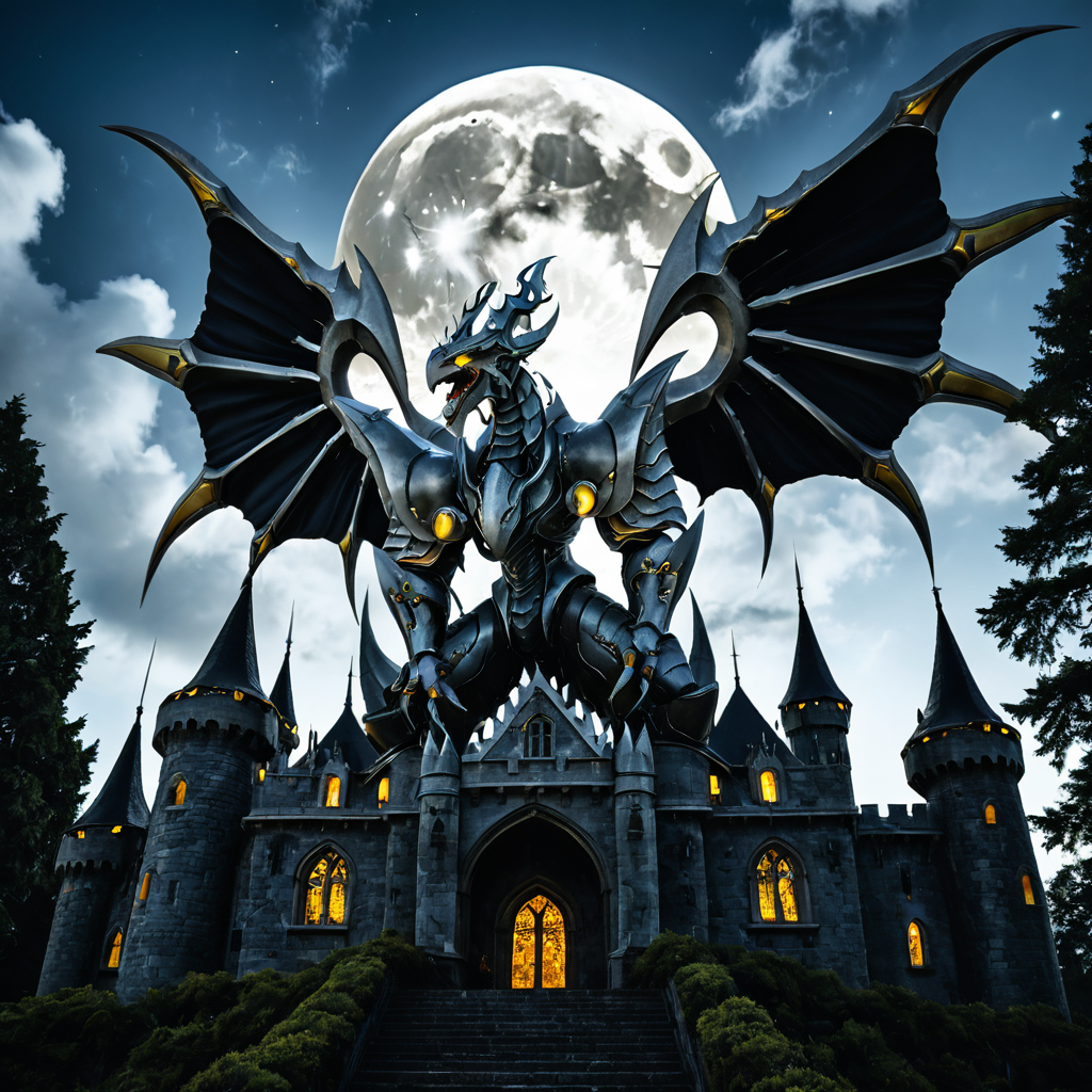lazypos,sfw, masterpiece, best quality,absurderes,cinematic 4k epic detailed 4k epic detailed photograph shot on kodak detailed bokeh cinematic hbo, <lora:DORUgoramon:0.95>,solo,dorugoramon,wings,horns,no humans,dragon,teeth,yellow eyes,tail,full moon,clouds,dark,gothic architecture,towers,castle,outdoors,forest,roots,trees,full body,dragon focus,spread wings,standing,from below,from side,