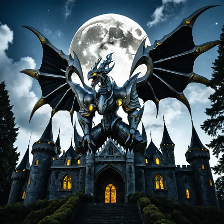 lazypos,sfw, masterpiece, best quality,absurderes,cinematic 4k epic detailed 4k epic detailed photograph shot on kodak detailed bokeh cinematic hbo, <lora:DORUgoramon:0.95>,solo,dorugoramon,wings,horns,no humans,dragon,teeth,yellow eyes,tail,full moon,clouds,dark,gothic architecture,towers,castle,outdoors,forest,roots,trees,full body,dragon focus,spread wings,standing,from below,from side,