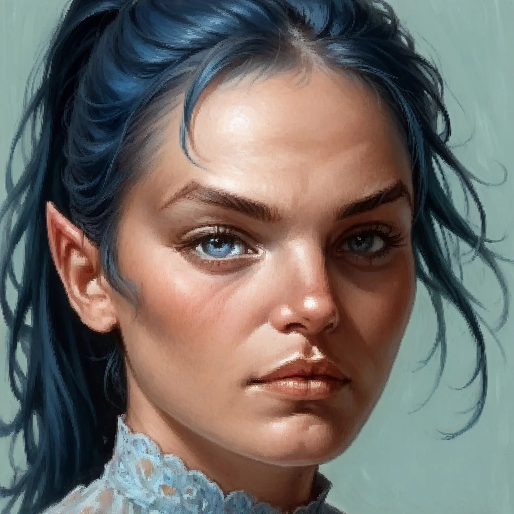 score_8, score_8_up, score_7_up, arcanum_portrait, portrait, traditional media, solo, simple background, 1girl, solo, female focus, blue hair, ponytail, pointy ears, elf, blue eyes, closed mouth, adult, painting (medium)