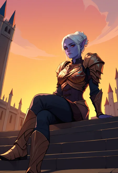 score_9, score_8_up, score_7_up, 1girl, solo, MintharaBG3, colored skin, pointy ears, red eyes, hair bun, white hair, neck tattoo, <lora:MintharaBG3PDXL_V1-Manityro-adamw:0.8>, outdoors, castle, sunset, looking at viewer, tired, MinArm, breastplate, shoulder armor, armor, sitting, stairs, low-angle view, side view, crossed legs,