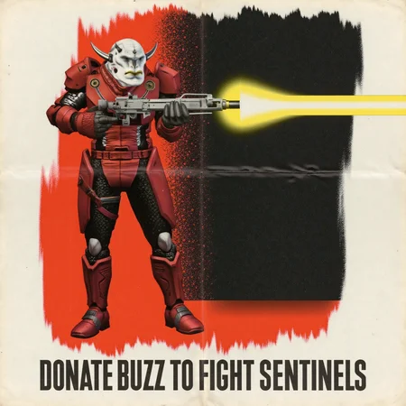 prpg4m3s, the poster shows a humanoid vyk3en in futuristic armor holding a star-trek-inspired laser rifle, firing yellow laser beam, the humanoid vyk3en warrior is standing and has a stern expression, bold typography text reading "DONATE BUZZ TO FIGHT SENTINELS!", geometric composition, dynamic contrasts, vivid colors, symbolic imagery, mid-century design, Abram Games style.  <lora:vykeenV1_FLUXD:1.3>   <lora:Propaganda_Games_v1 FLUX_LORA prpg4m3s:1>