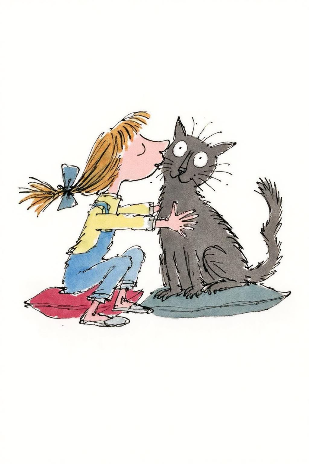 qub1 illustration.
A young girl and a cat in a tender moment. The girl, depicted with light brown hair tied in two pigtails, one of which is adorned with a blue ribbon, is wearing a bright yellow long-sleeved shirt and blue overalls. She is sitting on a red cushion, hugging a black cat and kissing it. The black cat is sitting on a dark blue cushion. <lora:qub1_cap_d6a3e12:1.0><lora:826979507698223026:0>