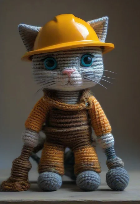 cat using large pneumatic drill to break concrete, hardhat, by saint exupery, crocheted style