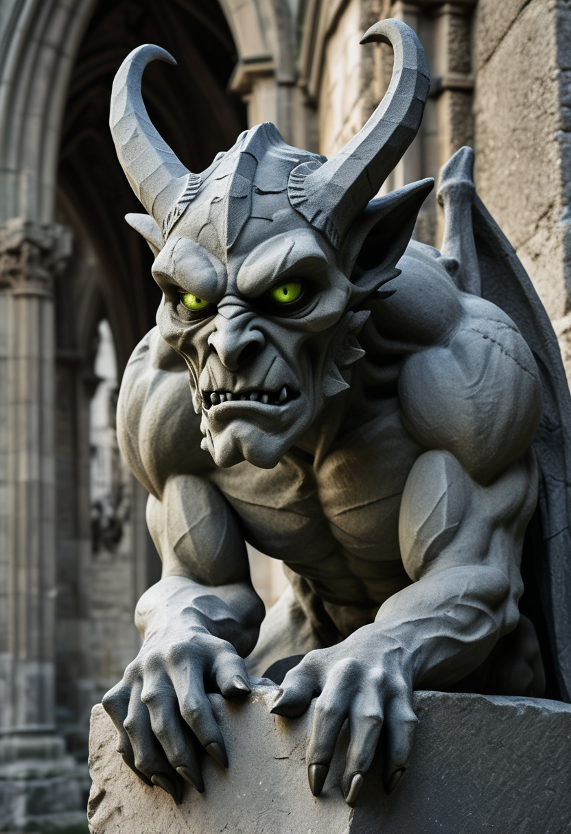 (medium full shot) of (menacing slate grey rough stone gargoyle) with humanoid body , olive green eyes, twisted horns, claws spines along back, set in  an ancient gothic cathedral, with weathered stones, mysterious markings, a sense of history, at dusk, ,Masterpiece,best quality, raw photo, realistic, very aesthetic