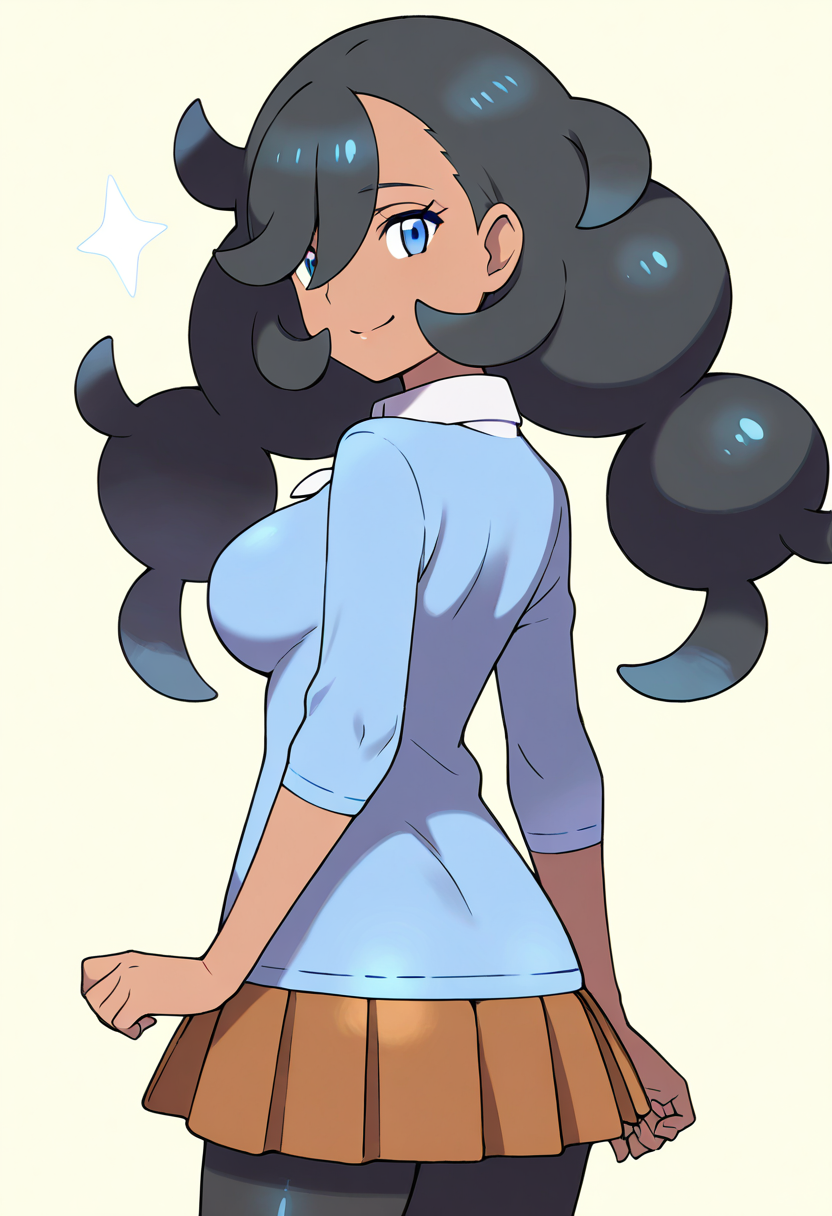 masterpiece, best quality, 1girl, solo, eyelashes, (beautiful eyes), shiny skin, looking at viewer, smile, large breasts, zzEmma, blue eyes, long hair, black hair, dark skin, twintails, hair between eyes, hair over one eye,  white shirt, collared shirt, blue sweater, brown skirt, pleated skirt, black pantyhose,   <lora:EmmaPokemon_IXL_v1:1.0>, over the shoulder, cowboy shot, smirk, looking back,  looking at viewer,