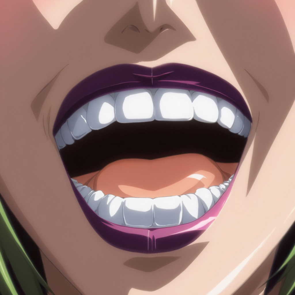 anime artwork of  <lora:Bible Black style:1>
a close up of a person's mouth with perfect teeth and tongue,1girl,solo,smile,open mouth,teeth,grin,shaded face,close-up,evil smile,evil grin eroge,anime,manga,nsfw,cartoon,Adult animation,explicit,Original video animation, Baiburu Burakku style, Bible Black style, anime style, key visual, vibrant, studio anime,  highly detailed