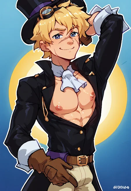 score_9, score_8_up, score_7_up, source_anime, <break> upper body, male, SABO, male focus, 1boy, blonde hair, solo, smile, looking at you, sideboobpeek, one breast out, presenting armpit, clothes pull, pulled by self, gloves, ascot, scar, pants, hat, goggles, coat, belt, goggles on headwear, short hair, top hat, shirt, scar on face, brown gloves, black headwear, open clothes,sideboobpeek, one pec out, arm up, presenting armpit, clothes pull, pulled by self, boots, open coat, white ascot, black coat, long sleeves, nipples, spotlight
<segment:yolo-face_yolov8m.pt,0.4,0.5//cid=1>
thick outline, black outline,
