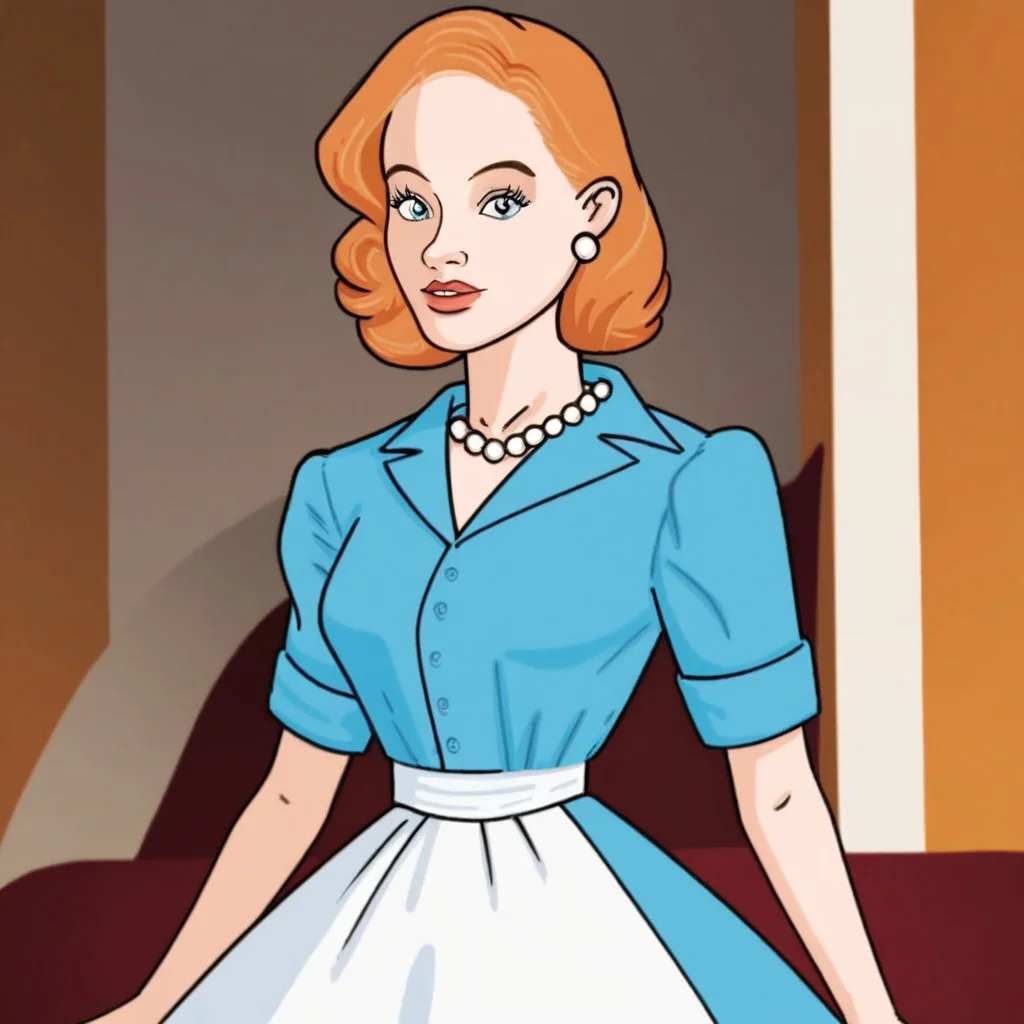 score_9,score_8_up,score_7_up,(masterpiece), best quality, expressive eyes, amazing quality, solo, 1girl, short sleeves, blue eyes, pearl necklace, brown hair, white skirt, lipstick, orange hair, blue shirt
