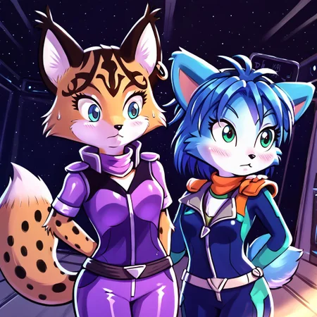 score_9, score_8_up, score_7_up, score_6_up, high quality, detailed, great lighting, beautiful, masterpiece, 4k, 
BREAK
Krystal_StarFox, fox girl, blue fur, blue hair, blue jumpsuit,
BREAK
Miyu Swift, lynx girl, brown fur, purple jumpsuit,
BREAK
duo, (nervous), worried, standing, biped, anthro, 2girls, curvy, clothed, awkward, frown, side by side,zPDXL2