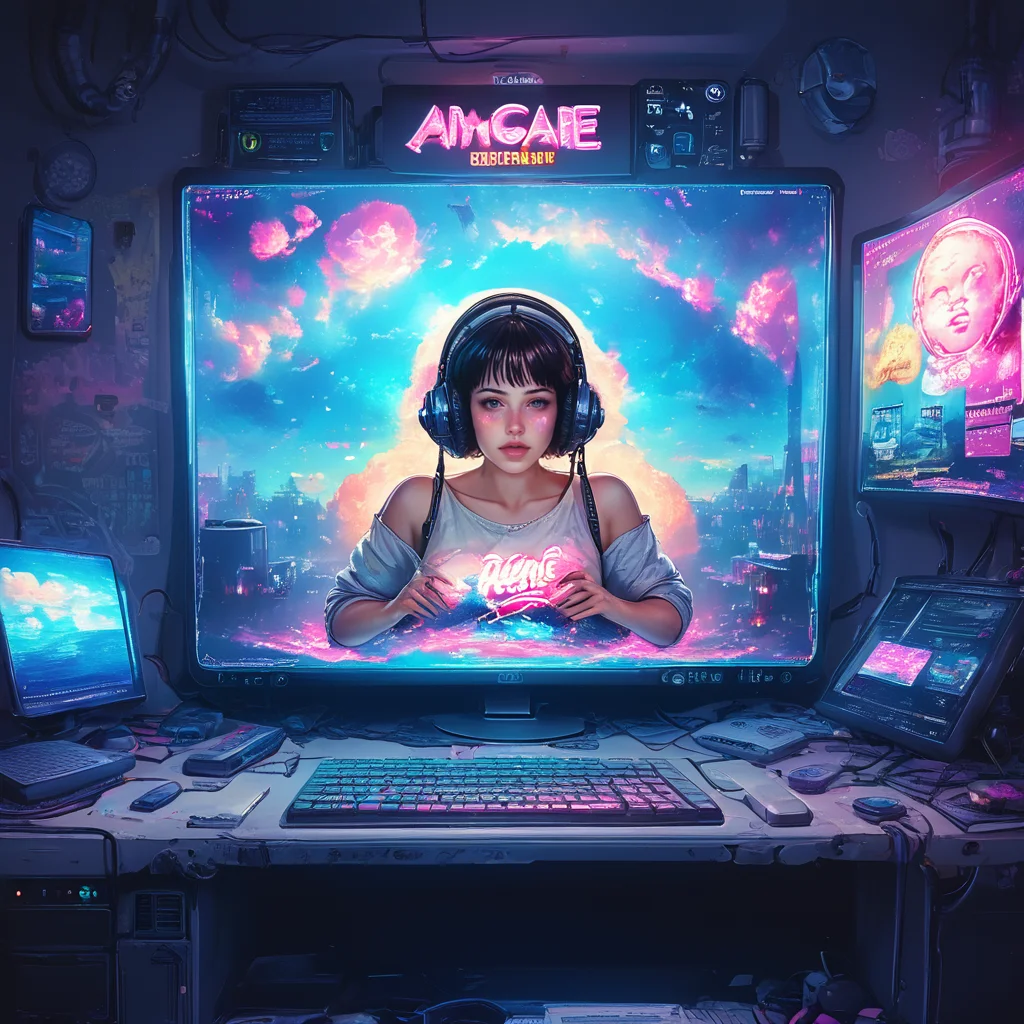 score_9, score_8_up, score_7_up, <lora:VaporwavePonyV2:1> ArsMJStyle, Vaporwave, ArsMJStyle, Analog Internet Cafe, The picture shows an internet cafe stuck in a vaporwave time warp. Old CRT monitors display vibrant landscapes, keyboard keys float in the air. The cafe's windows look out onto a digital sea of binary code. A neon sign flickers "A E S T H E T I C" in the background., no humans, computer monitor, keyboard, binary code, neon sign, CRT, retro tech, cybercafe, digital sea, floating objects, 90s aesthetic, glitch art