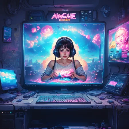 score_9, score_8_up, score_7_up, <lora:VaporwavePonyV2:1> ArsMJStyle, Vaporwave, ArsMJStyle, Analog Internet Cafe, The picture shows an internet cafe stuck in a vaporwave time warp. Old CRT monitors display vibrant landscapes, keyboard keys float in the air. The cafe's windows look out onto a digital sea of binary code. A neon sign flickers "A E S T H E T I C" in the background., no humans, computer monitor, keyboard, binary code, neon sign, CRT, retro tech, cybercafe, digital sea, floating objects, 90s aesthetic, glitch art