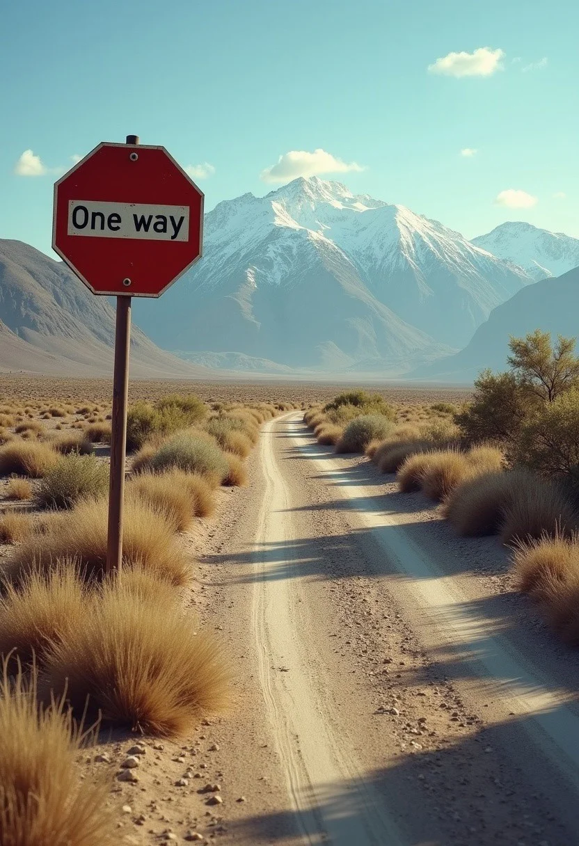 Old, ruined road in the desert. Bushes along it. Rusty traffic sign with the text “One way” on the foreground. Mountains with the snow on the peaks far on the horizon. Photorealistic, professional lighting, high quality, high details