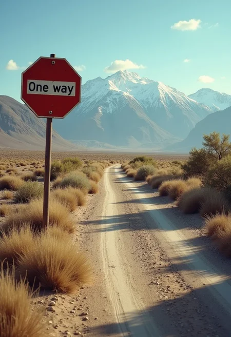 Old, ruined road in the desert. Bushes along it. Rusty traffic sign with the text “One way” on the foreground. Mountains with the snow on the peaks far on the horizon. Photorealistic, professional lighting, high quality, high details