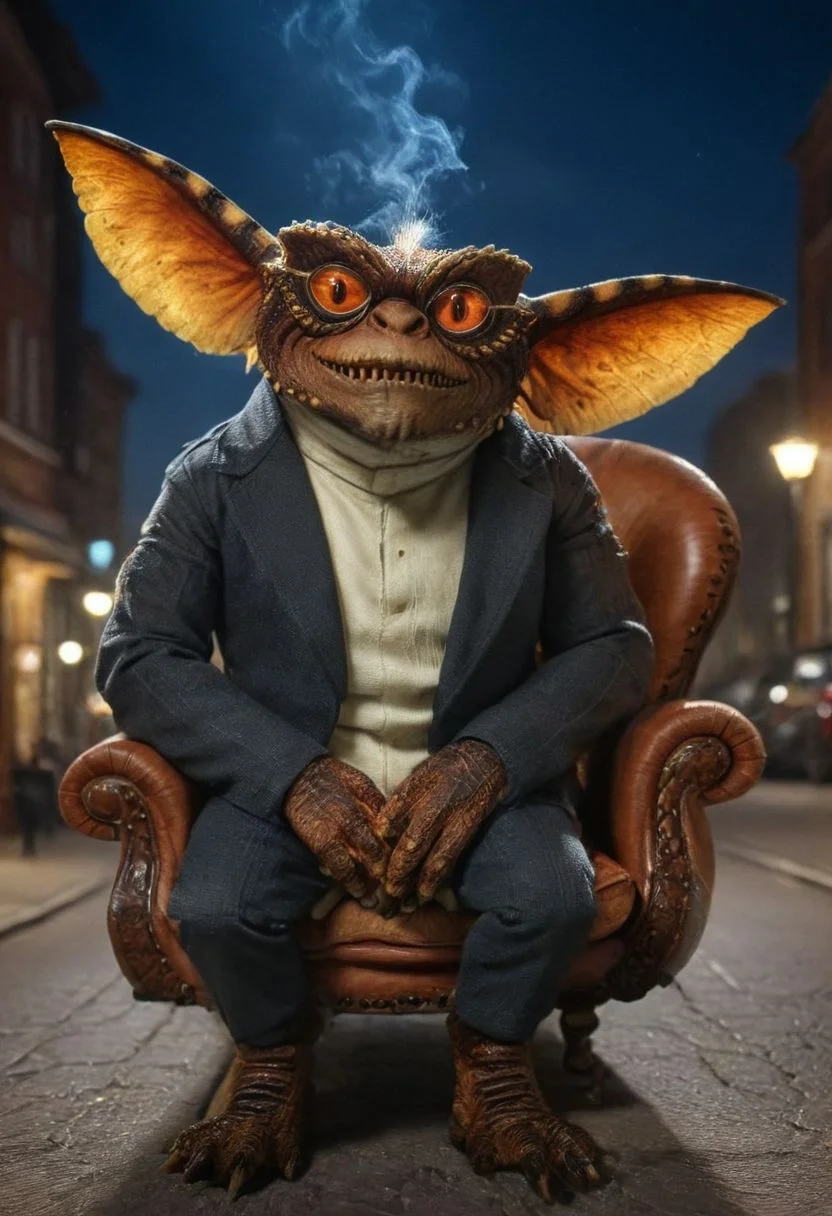 (Xgremlinx,Xinteligencex:1.3), ,High-neck jersey jacket glasses sitting in an armchair smoking a pure,amazing quality, masterpiece, best quality, hyper detailed, ultra detailed, UHD, perfect anatomy, portrait, hyper-realism, majestic, awesome, inspiring, - portrait in night city street , cinematic composition, soft shadows, national geographic style,