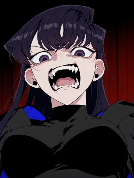 <lora:Ado_Usseewa_Style:1> usseewastyle
1girl,solo,
<lora:Shouko_Komi_Komi_Cant_Communicate:0.6> komi shouko, 1girl, black hair, dark purple eyes
scream, fangs,angry,
masterpiece,best quality,amazing quality,
from below,looking down,