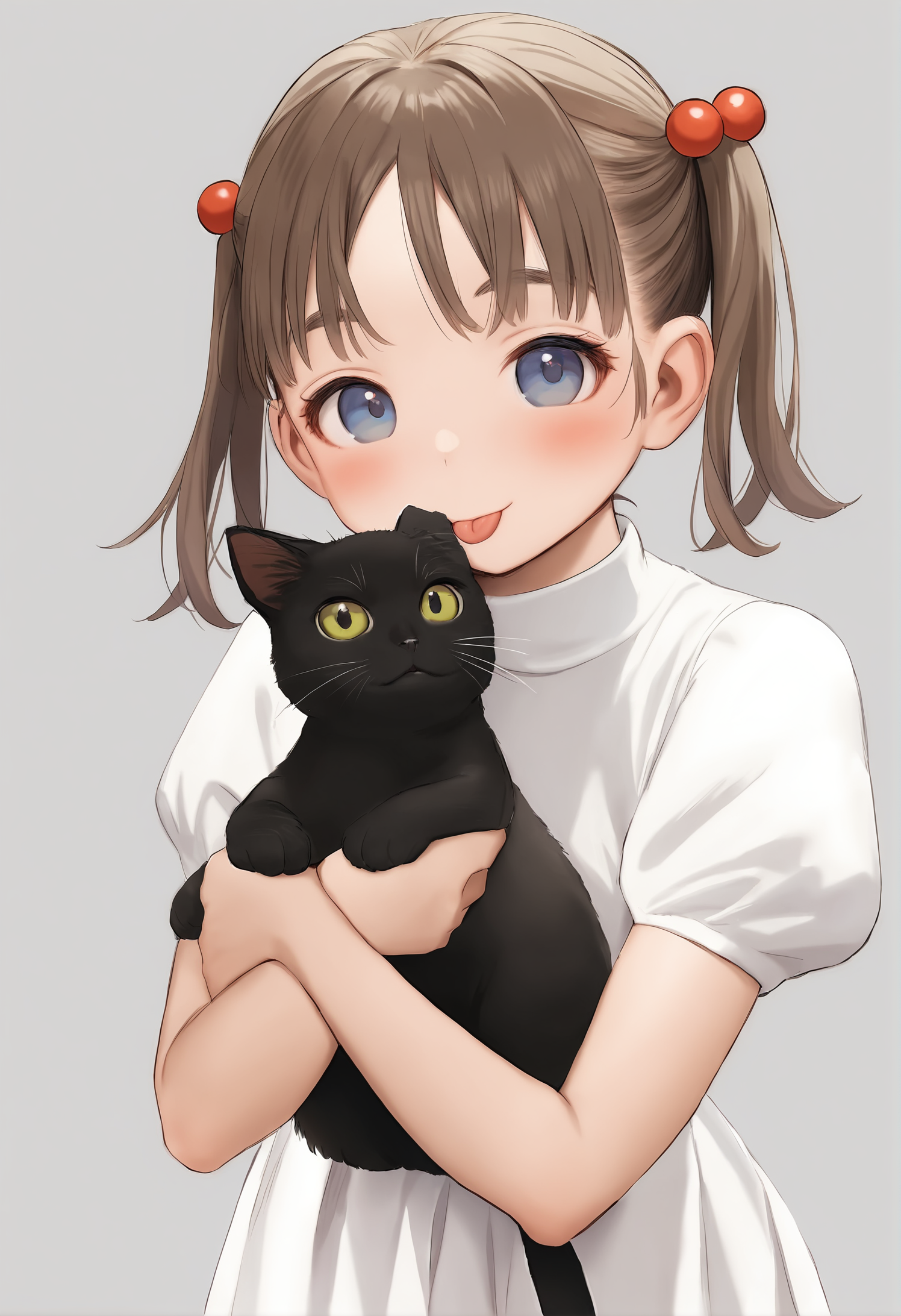 1girl, 
murata range, 
blue eyes, looking at viewer, :p, short twintails, twintails, simple background, brown hair, holding animal, holding, blush, grey background, parted lips, puffy short sleeves, animal, turtleneck, solo, holding cat, hair ornament, hair bobbles, black cat, short hair, short sleeves, eyebrows, cat, white background, closed mouth, dress, two-tone background, tongue out, white dress, smile, puffy sleeves, tongue, 
masterpiece, best quality, newest,  safe
 <lora:murata_range_image737_2024-03-28_a31:1>