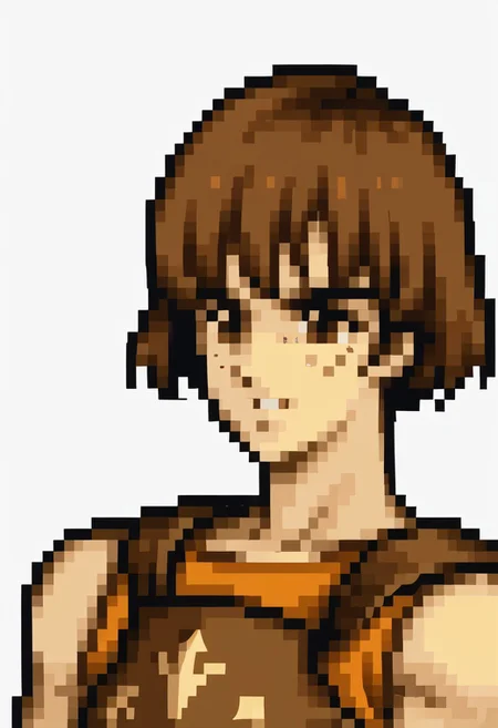 score_9, score_8_up, score_7_up, source_anime, 1girl, solo, smile,
<lora:zs_FE4PortraitsXL:1> fe4portraits, portrait, pixel art, white background
,<lora:NSDorothyFE6:1> NSDorothyFE6, freckles, brown hair, short hair, brown eyes,armor, orange shirt, sleeveless, parted lips
