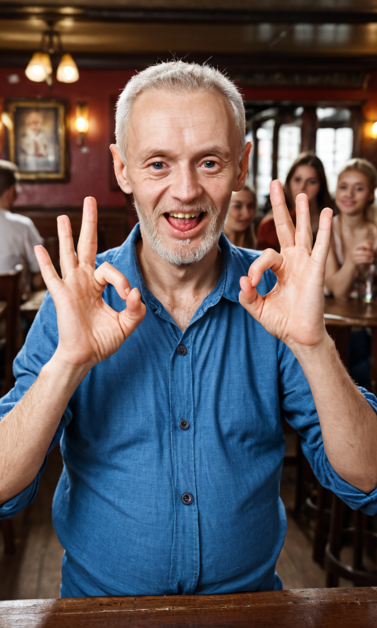 shoksi, 
bothnd, old man showing okay sign with both hands in a crowded pub  
 <lora:ShowOK:1>